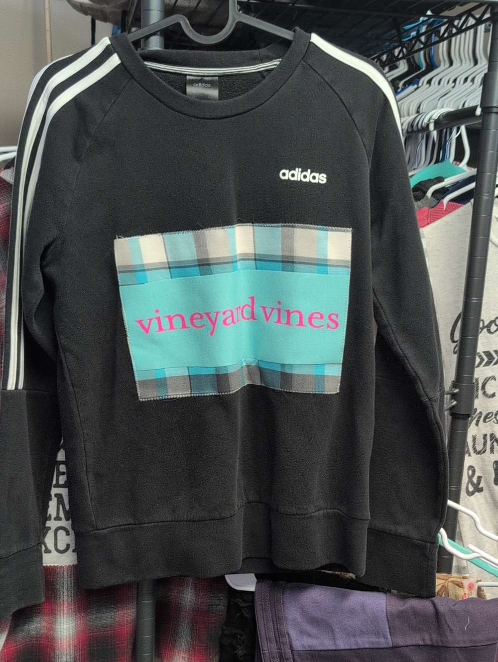 adidas Black Crewneck Sweatshirt with Teal Plaid Upcycle Vineyard Vines 1 Of 1